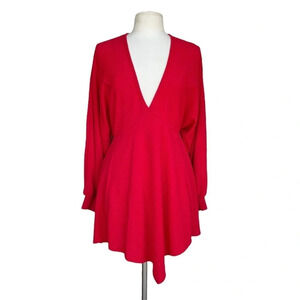 PAOLINO Size S True Red Textured V-neck Dolman Sleeve Asymmetric Short Dress